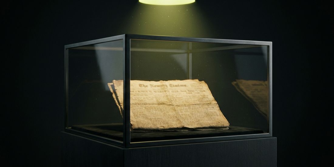 Jornal antigo numa vitrine de museu, iluminado por uma luz verde-limão