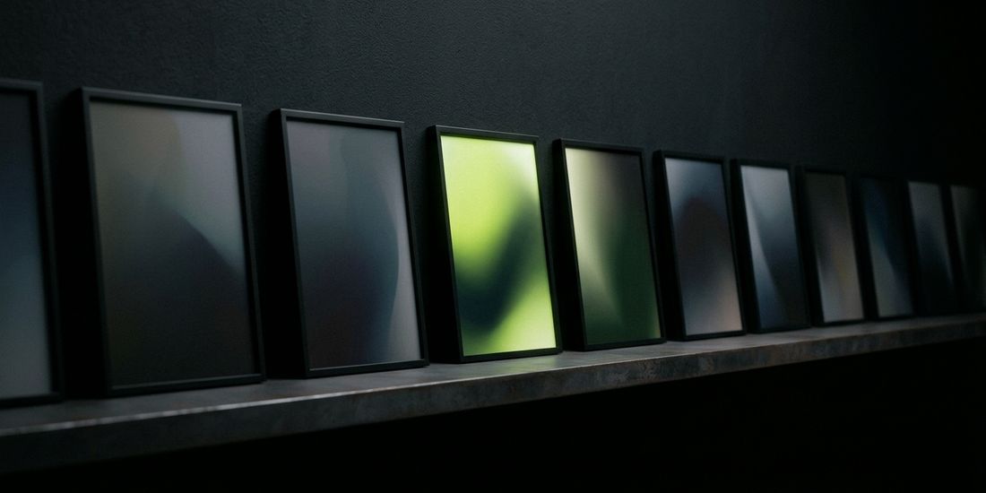 Estante com diferentes peças visuais e uma referência destacada em verde-limão